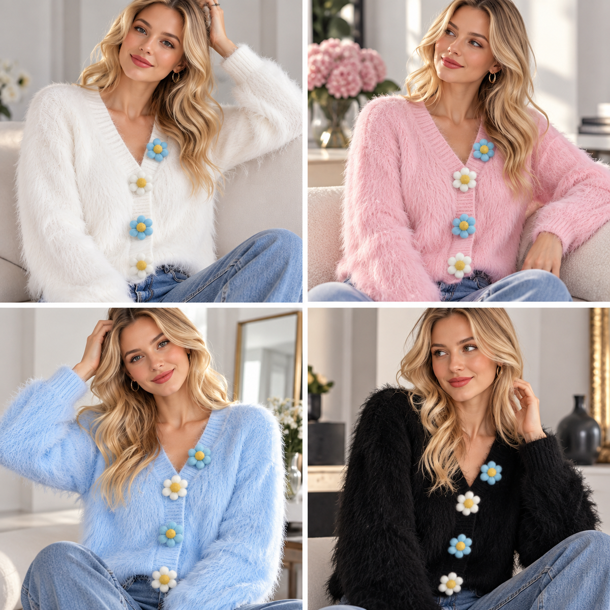 Flower Button Fuzzy Knit Cardigan