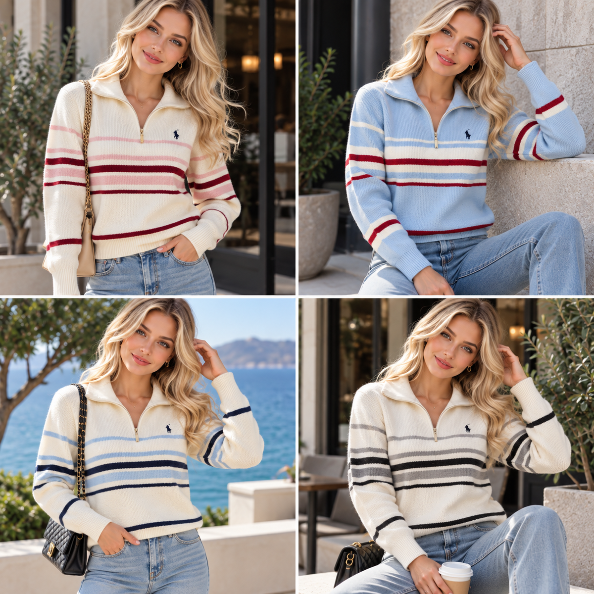 Striped Half Zip Polo style Knit Sweater