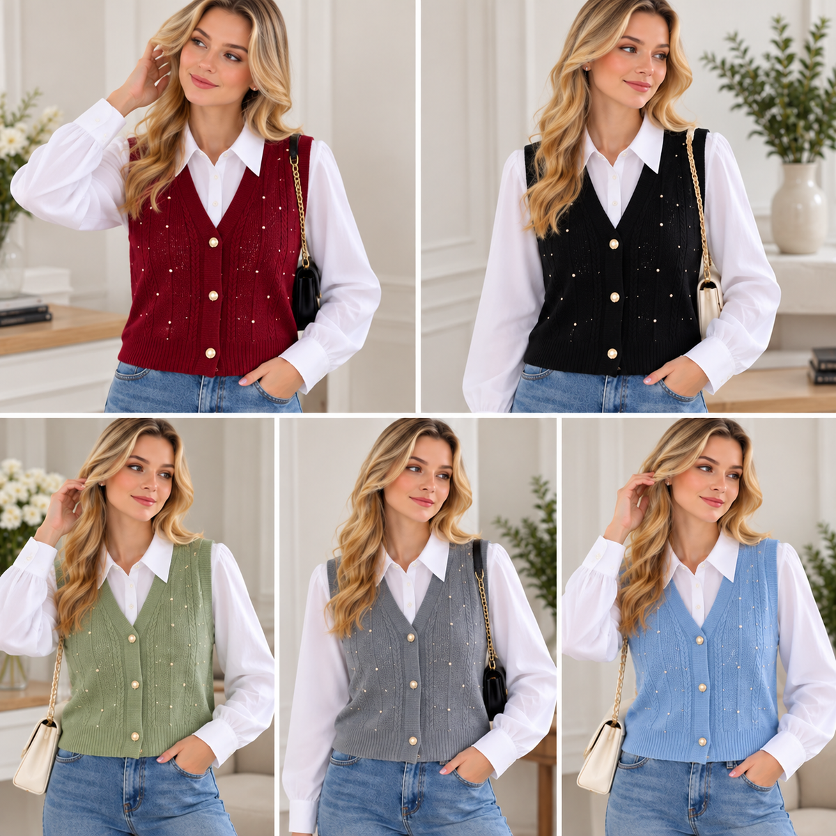2 Piece Pearl Knit Vest & Shirt Set