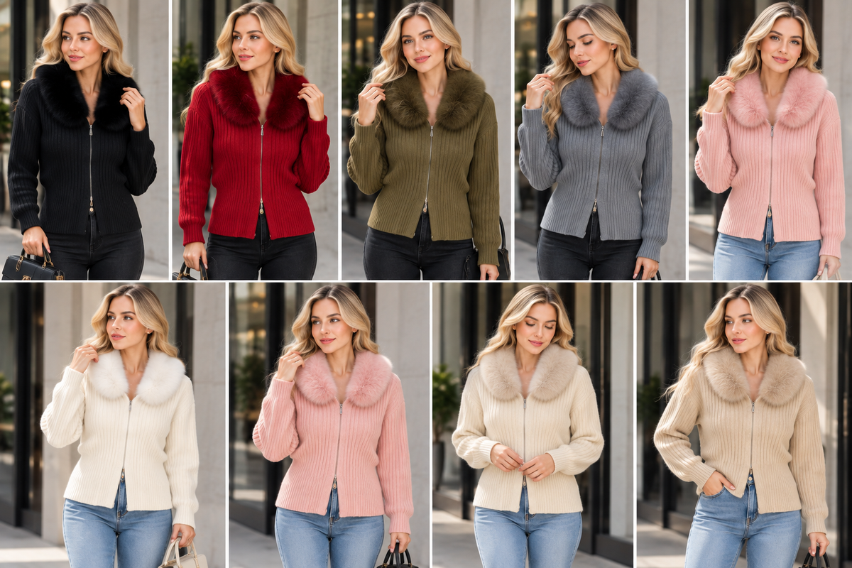 Faux Fur Collar Zip Knit Cardigan