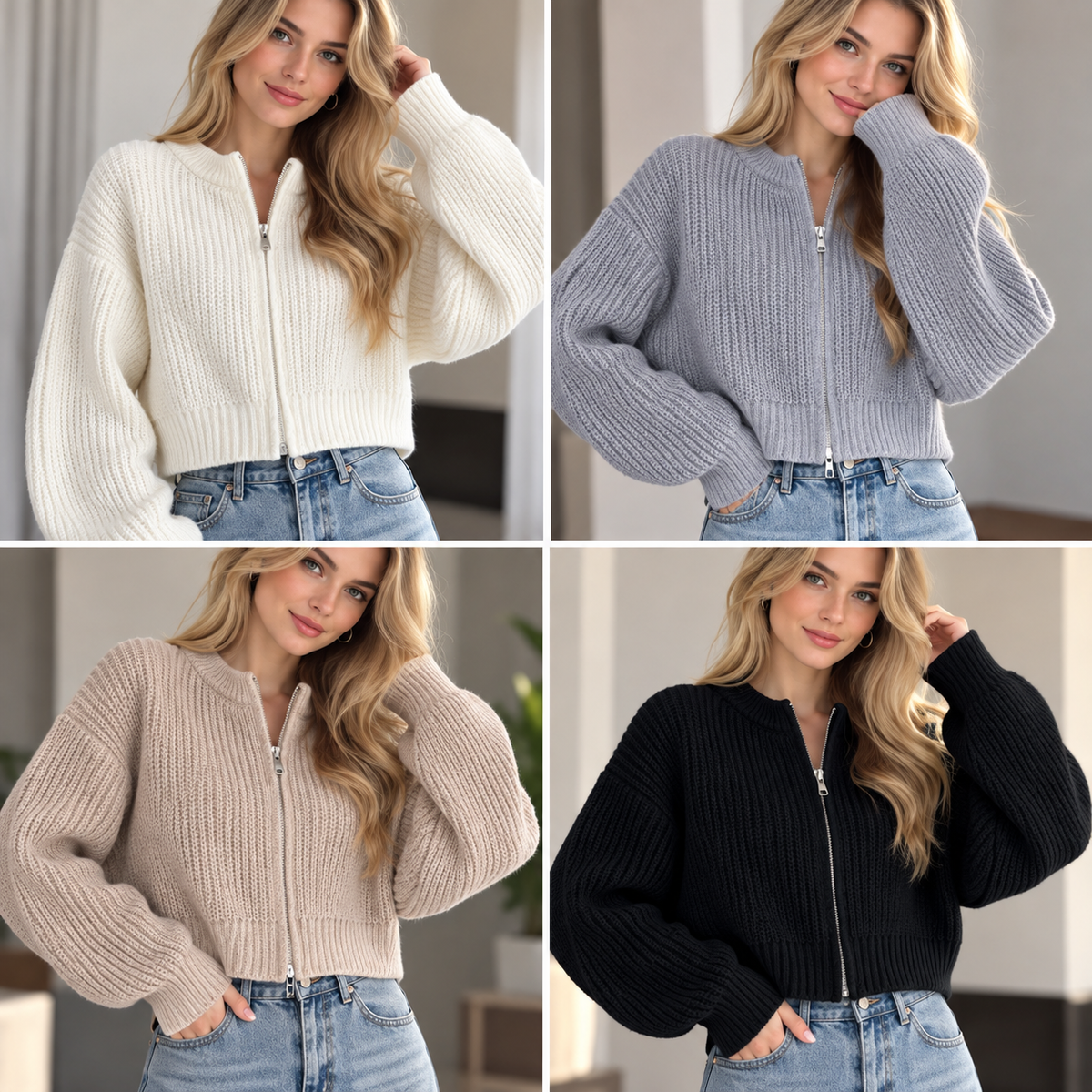 Cropped Zip Knit Cardigan