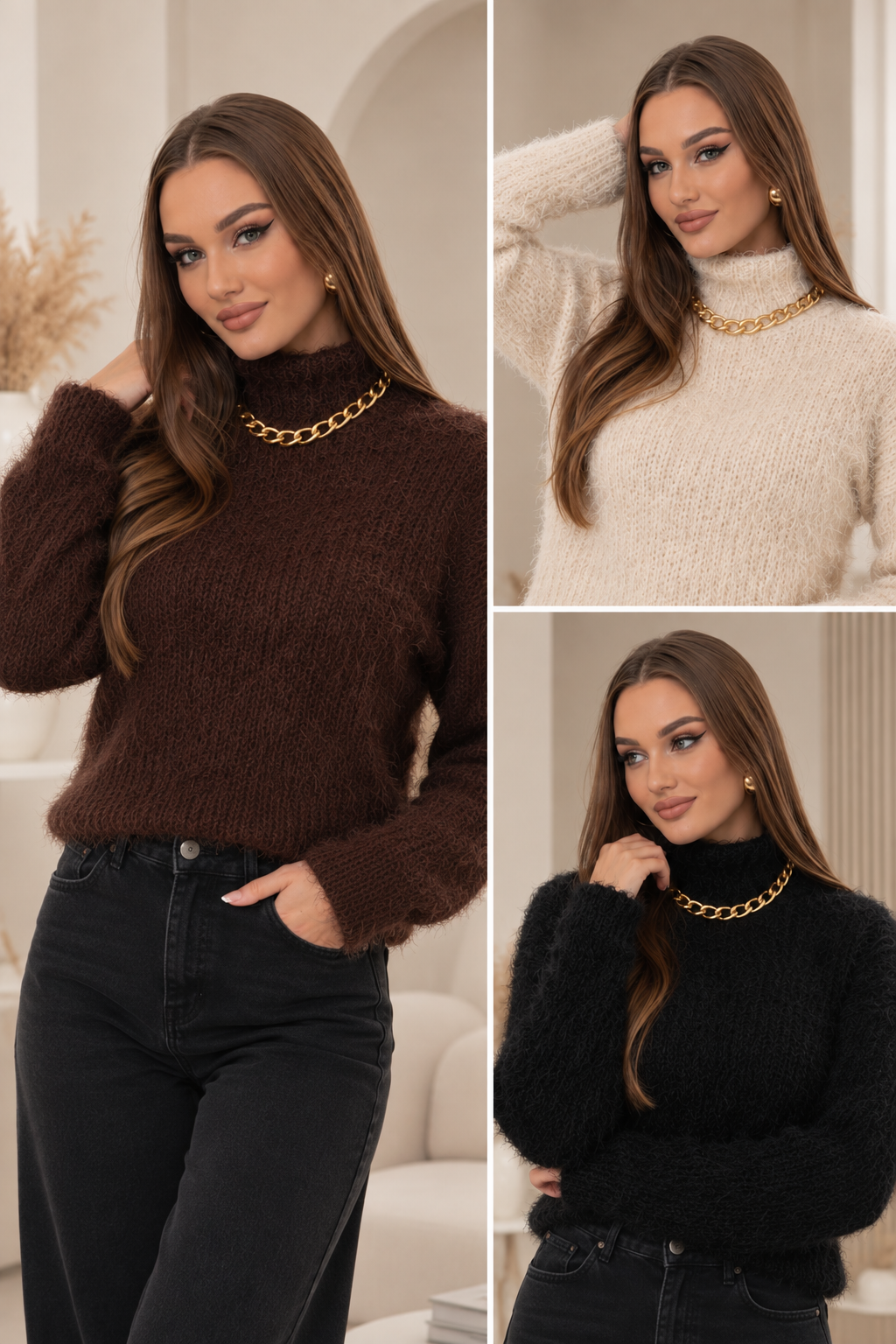 Fuzzy High Neck Knit Sweater