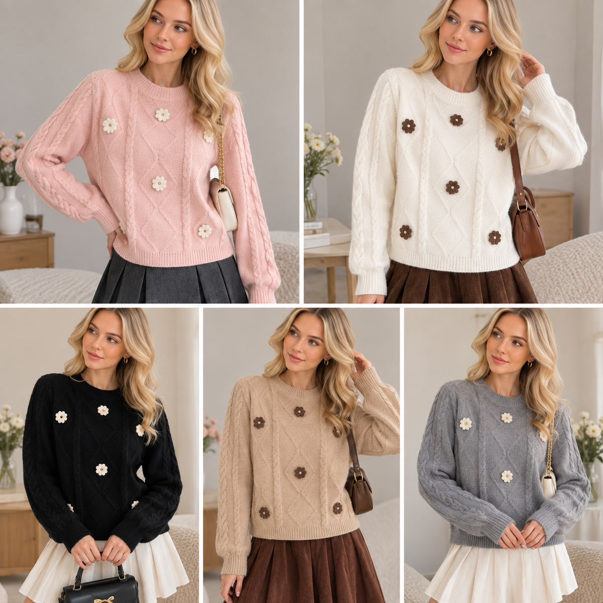 Flower Detail Cable Knit Sweater