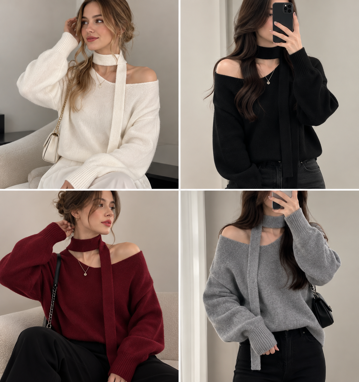 Scarf Detail Off Shoulder Knit Sweater